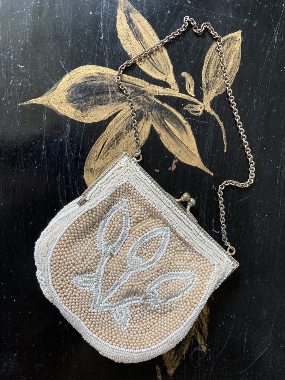 Vintage White, Hand Beaded Evening Bag Clutch With Kiss Lock Frame & Chain Strap